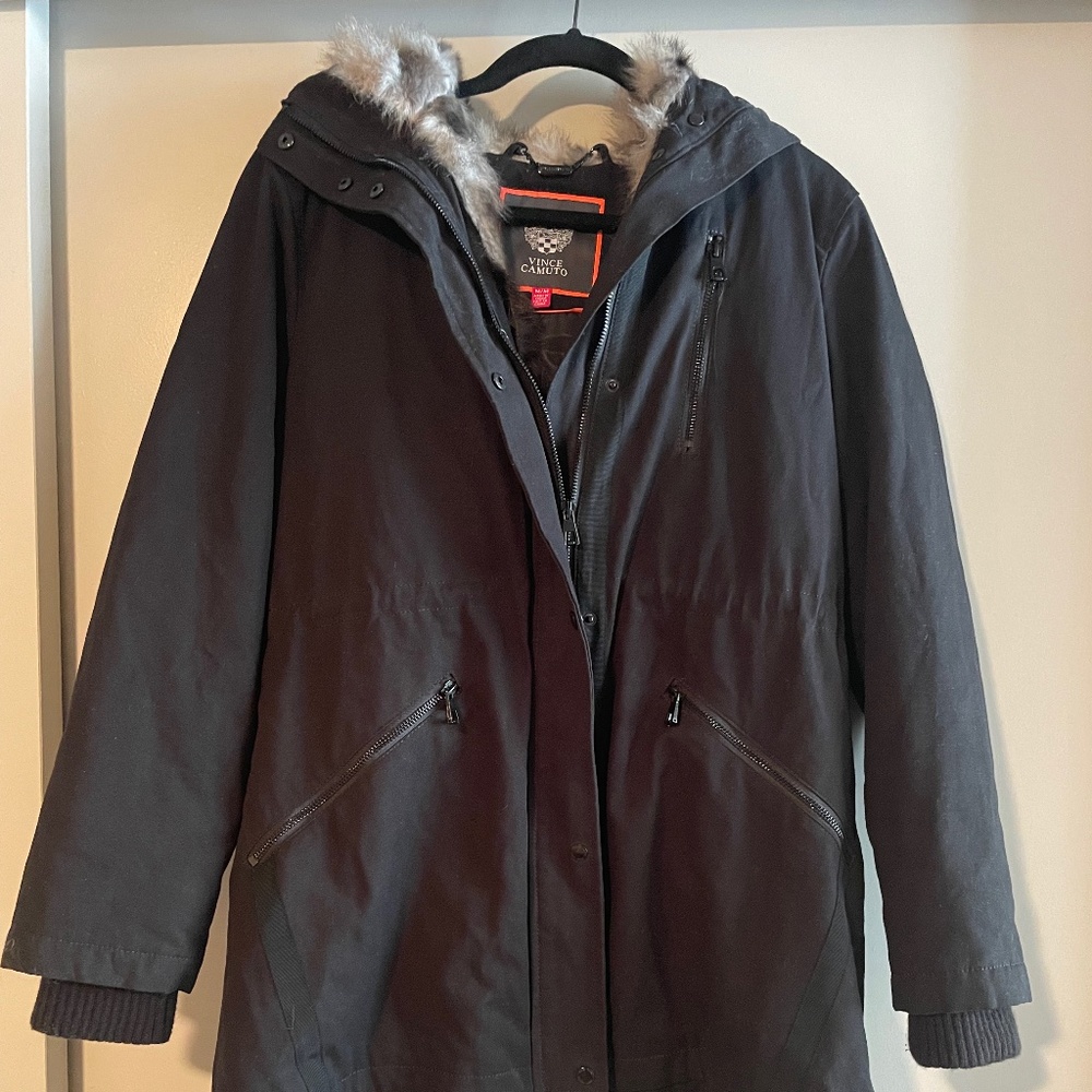 Vince Camuto Womens M Parka Jacket Coat Black with fur hood lining